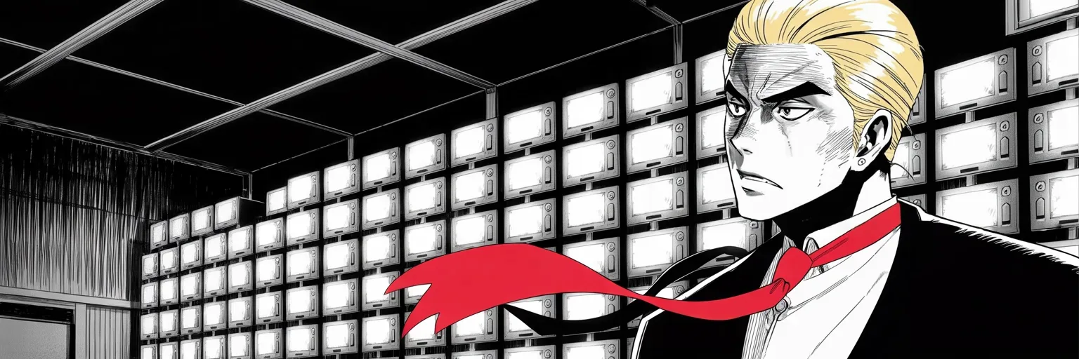 Manga panel 5 of 5, Week 14 “Flowers & a Thank You Note”: Ultra-wide cinemascope band: a wall of glowing television screens glaring like massed enemies along the right half of the frame, imposing older man with a sweeping golden pompadour mane, heavy brow…