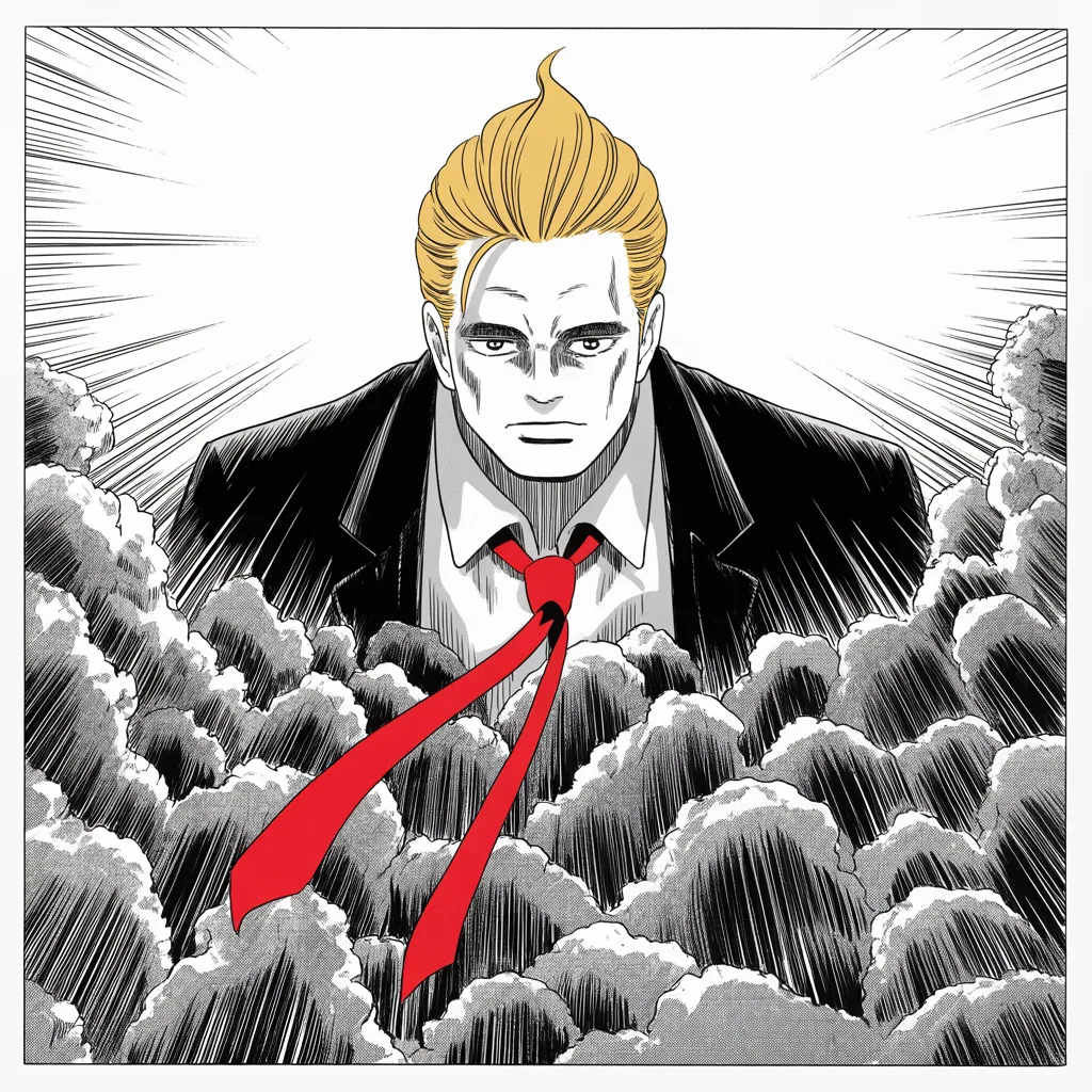 Manga panel 2 of 5, Week 15 “The Severing of the Fox House”: Square panel: shot from below, imposing older man with a sweeping golden pompadour mane, heavy brow, small intense eyes, strong jowled jaw, long dark suit, very long red necktie flowing like a…