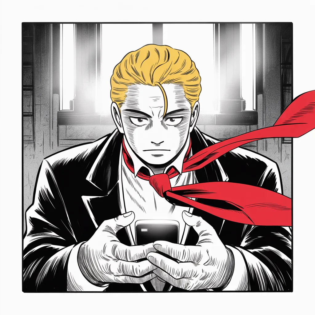 Manga panel 3 of 5, Week 15 “The Severing of the Fox House”: Square panel: soft morning light through a high tower window, imposing older man with a sweeping golden pompadour mane, heavy brow, small intense eyes, strong jowled jaw, long dark suit, very long…