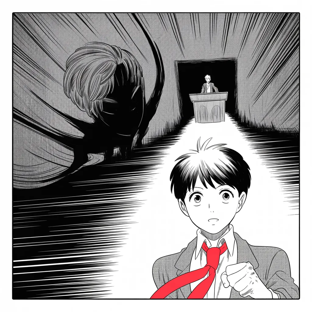 Manga panel 4 of 5, Week 15 “The Severing of the Fox House”: Square panel: a boyish clean-cut man, short dark hair, earnest large eyes, quick light movements standing at a distant podium caught in a harsh spotlight in the lower half of the frame, a colossal…
