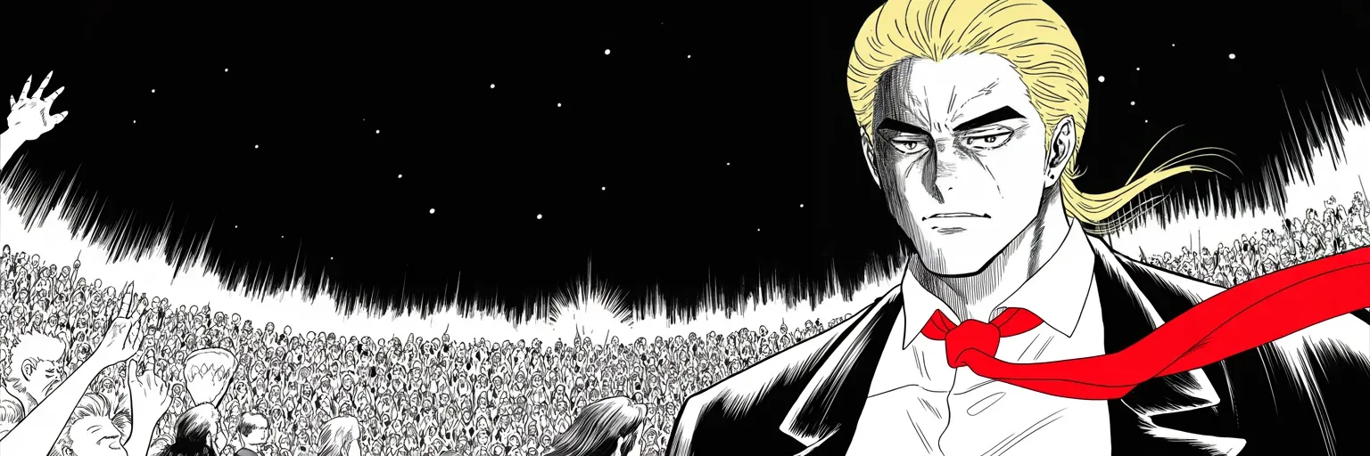 Manga panel 5 of 5, Week 15 “The Severing of the Fox House”: Ultra-wide cinemascope band: night rally under stadium lights, imposing older man with a sweeping golden pompadour mane, heavy brow, small intense eyes, strong jowled jaw, long dark suit, very long…