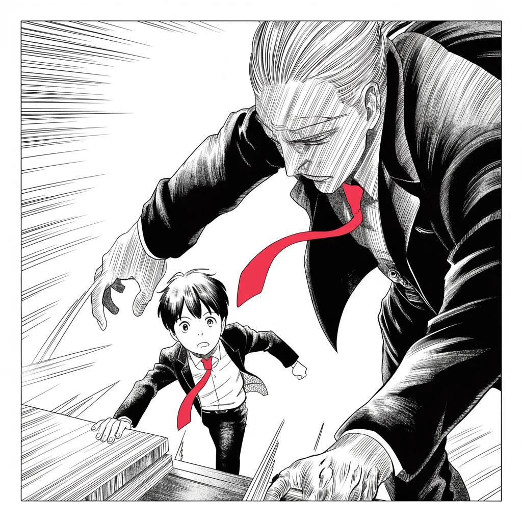 Manga panel 2 of 5, Week 16 “Would You Ever Get Out?”: Square panel: boyish clean-cut man, short dark hair, earnest large eyes, quick light movements staggering backward in the lower two-thirds of the frame under a diagonal slash of speed lines, his…