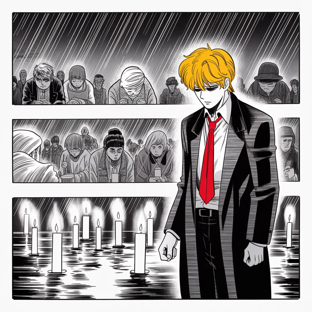 Manga panel 3 of 5, Week 16 “Would You Ever Get Out?”: Square panel: held to the middle strip of the frame, rain over a small-town vigil at night, candle flames guarded by cupped hands, halftone mourners bowed in darkness, and apart from them a heavy…
