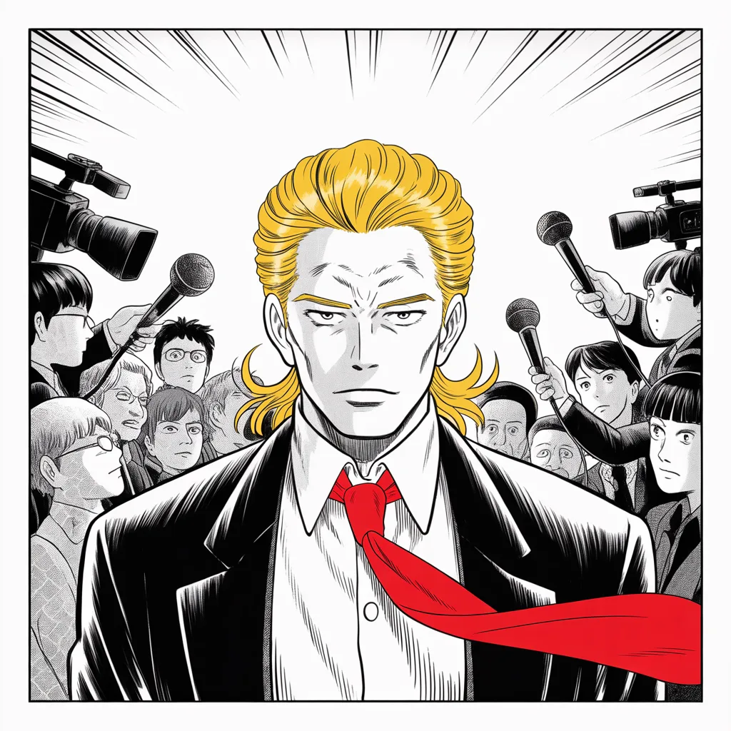 Manga panel 4 of 5, Week 16 “Would You Ever Get Out?”: Square panel: a crowd of featureless figures with camera lenses for faces and a microphone thicket encircling imposing older man with a sweeping golden pompadour mane, heavy brow, small intense…