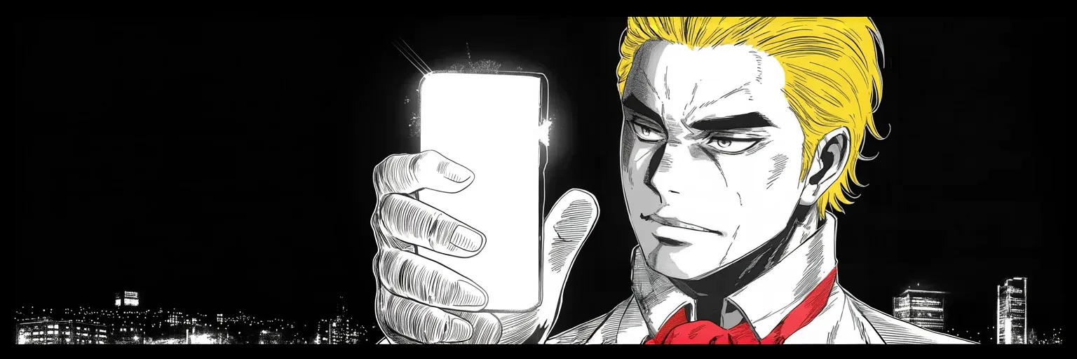 Manga panel 5 of 5, Week 16 “Would You Ever Get Out?”: Ultra-wide cinemascope band: close-up of thumbs over a glowing phone screen on the right half of the frame, its light carving a heavy jowled face and sweeping golden pompadour out of the black, city…