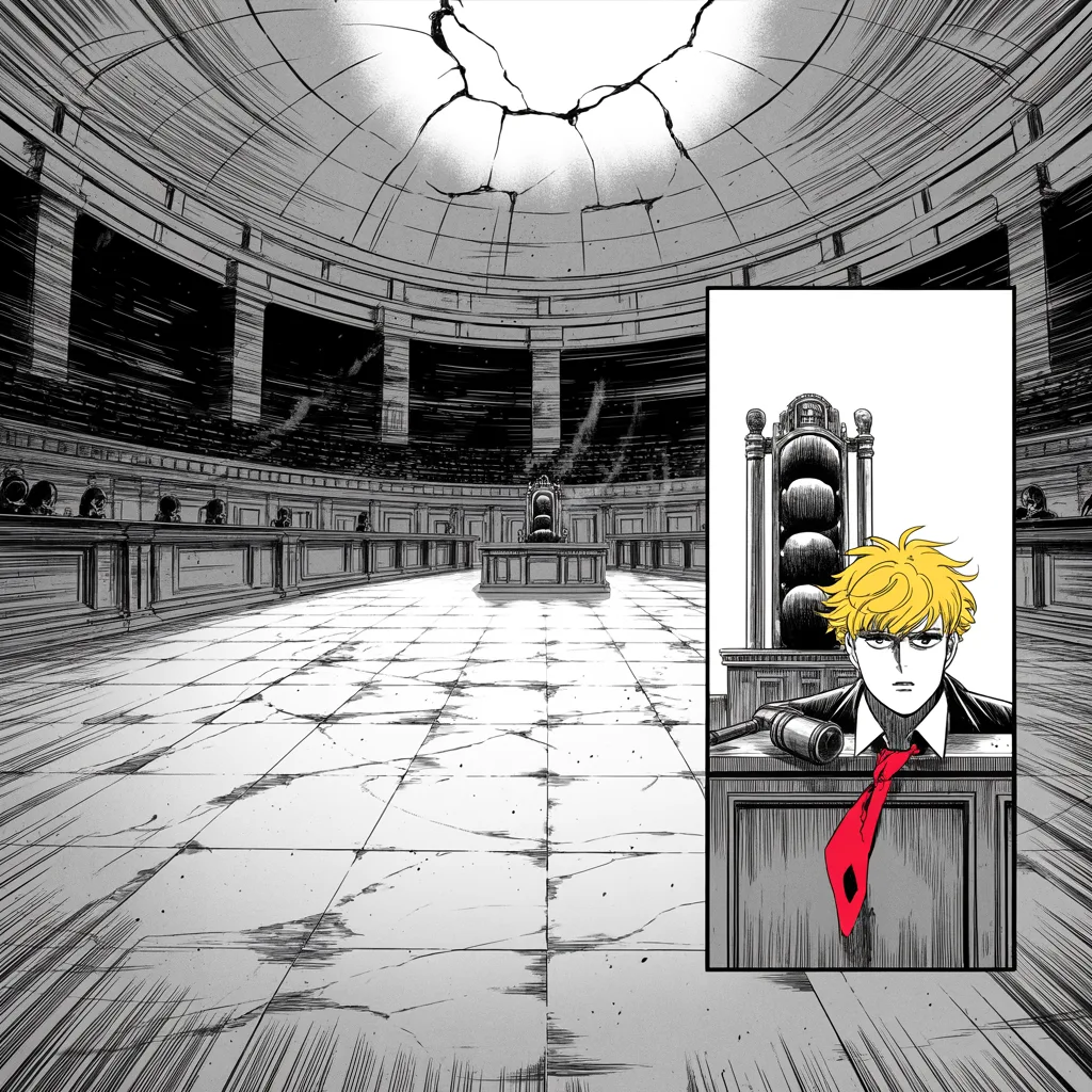 Manga panel 2 of 5, Week 17 “The Sparing of the Monk”: Square panel: a vast marble chamber under a cracked dome, its empty high-backed speaker's chair on a raised dais and the gavel abandoned on the desk all compressed small into the right third of the…