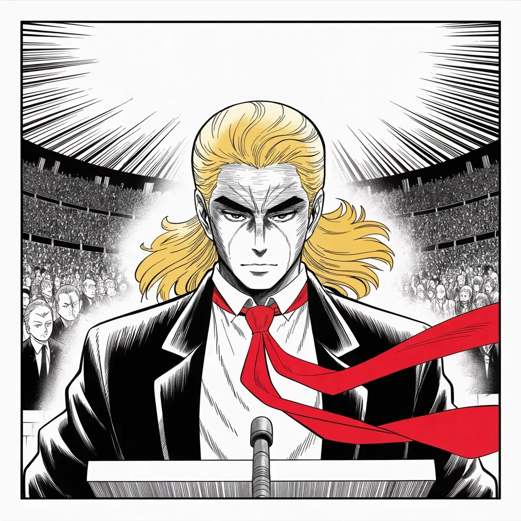 Manga panel 3 of 5, Week 17 “The Sparing of the Monk”: Square panel: imposing older man with a sweeping golden pompadour mane, heavy brow, small intense eyes, strong jowled jaw, long dark suit, very long red necktie flowing like a battle banner shot…
