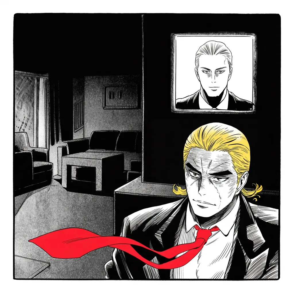 Manga panel 4 of 5, Week 17 “The Sparing of the Monk”: Square panel: a dark hotel suite at night, imposing older man with a sweeping golden pompadour mane, heavy brow, small intense eyes, strong jowled jaw, long dark suit, very long red necktie flowing…