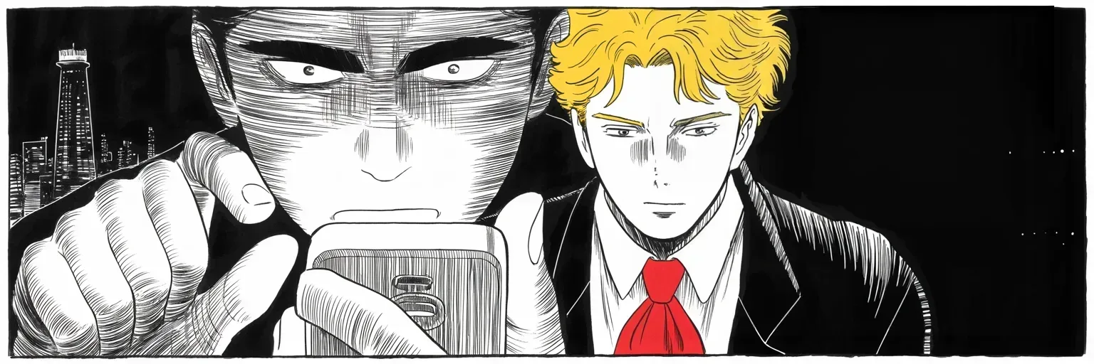 Manga panel 5 of 5, Week 17 “The Sparing of the Monk”: Ultra-wide cinemascope band: extreme close-up of thumbs hovering over a glowing phone screen on the left half of the frame, the light carving a heavy brow and small intense eyes from shadow, a…