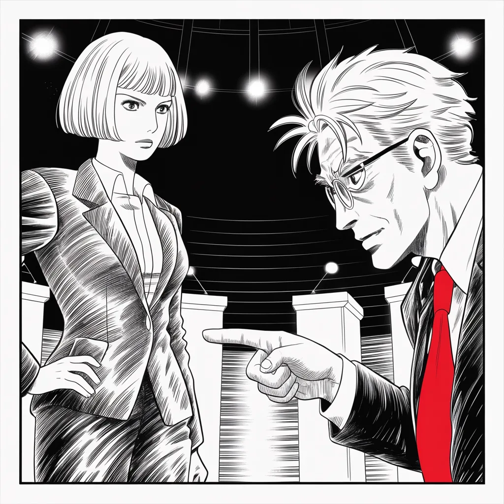 Manga panel 2 of 5, Week 18 “No Star on Their Stage”: Square panel: composed older woman with short blonde hair, tailored pantsuit like armor plating, measured strategist's gaze facing a stooped elderly man with flyaway white hair, round glasses…