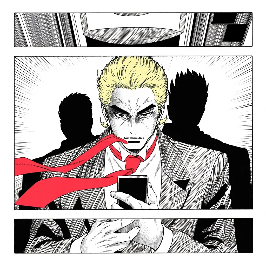 Manga panel 3 of 5, Week 18 “No Star on Their Stage”: Square panel: held to the middle strip of the frame, imposing older man with a sweeping golden pompadour mane, heavy brow, small intense eyes, strong jowled jaw, long dark suit, very long red…