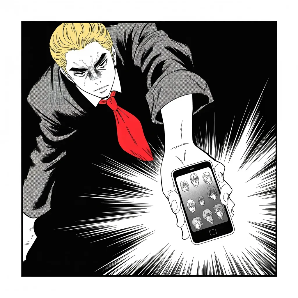 Manga panel 4 of 5, Week 18 “No Star on Their Stage”: Square panel: seen from directly above, a pair of hands striking a glowing phone screen confined small to the lower right quarter of the frame, tiny halftone masses of distant faces reflected only…