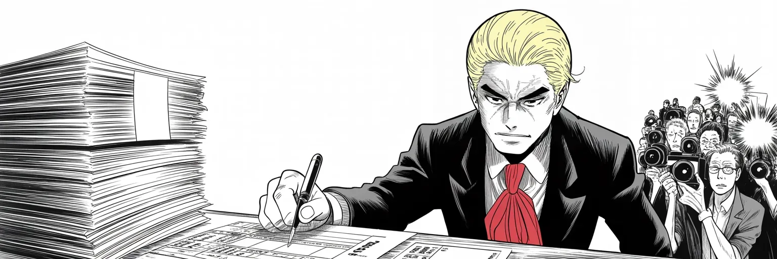 Manga panel 5 of 5, Week 18 “No Star on Their Stage”: Ultra-wide cinemascope band: imposing older man with a sweeping golden pompadour mane, heavy brow, small intense eyes, strong jowled jaw, long dark suit, very long red necktie drives a pen into a…