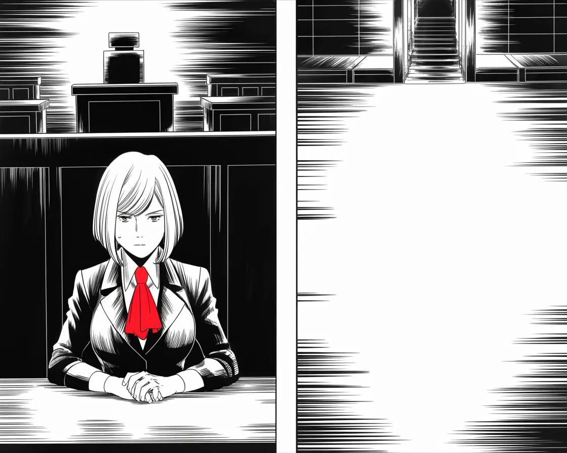 Manga panel 2 of 4, Week 19 “The Shadow Withdraws”: composed older woman with short blonde hair, tailored pantsuit like armor plating, measured strategist's gaze sitting alone at a long witness table on the left half of the frame under harsh…