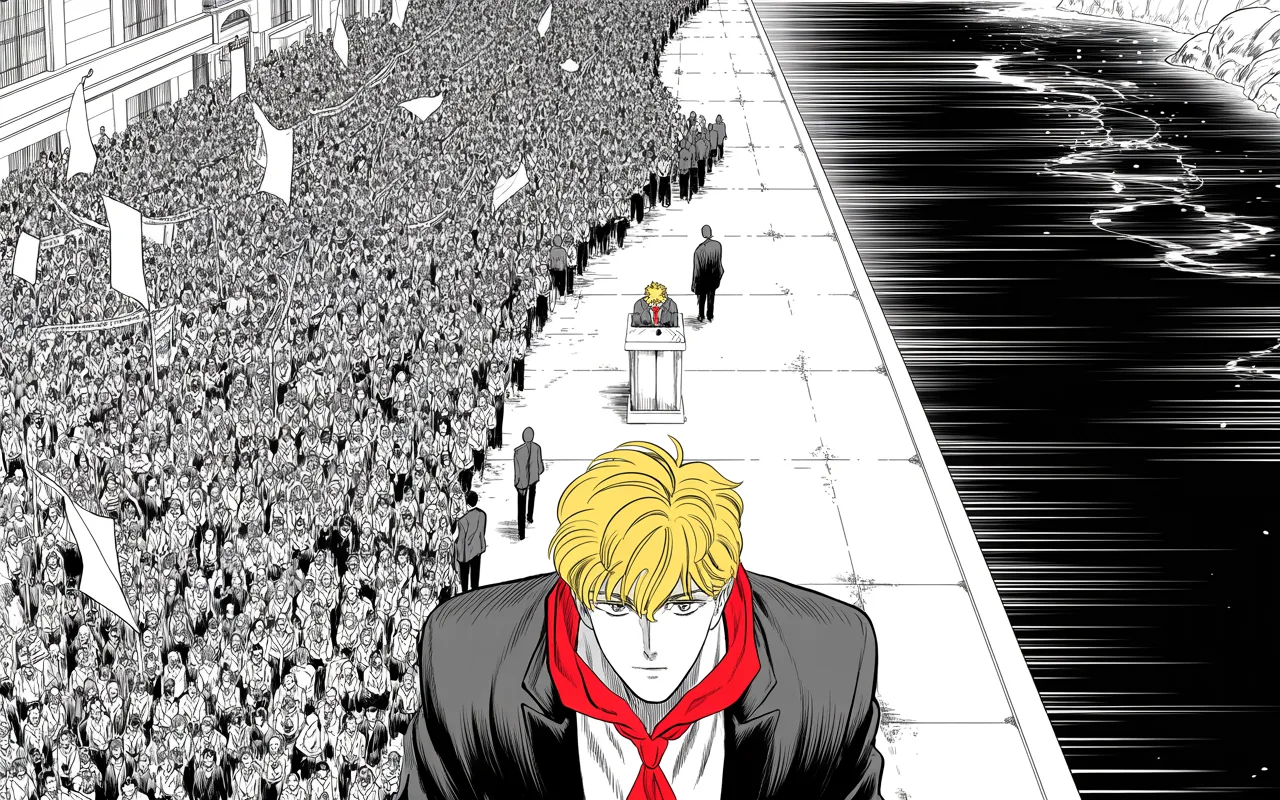 Manga panel 3 of 4, Week 19 “The Shadow Withdraws”: aerial view straight down on a colossal halftone crowd flooding a riverside landing across the left two-thirds of the frame, thousands of tiny figures packed shoulder to shoulder, a minute podium at…