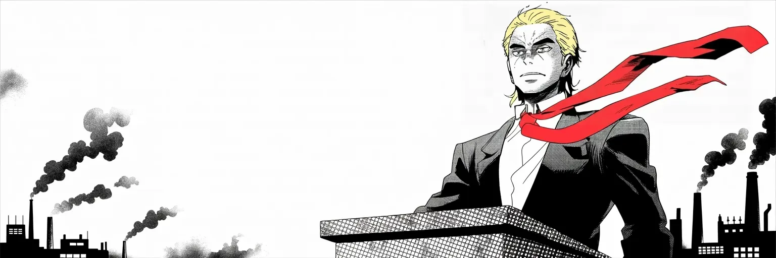Manga panel 4 of 4, Week 19 “The Shadow Withdraws”: Ultra-wide cinemascope band: imposing older man with a sweeping golden pompadour mane, heavy brow, small intense eyes, strong jowled jaw, long dark suit, very long red necktie flowing like a battle…