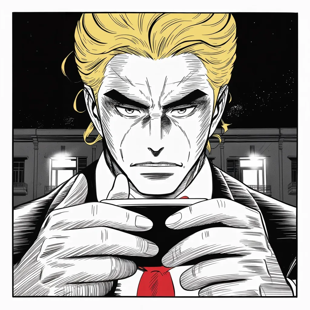 Manga panel 2 of 5, Week 20 “The Unfair Duel”: Square panel: extreme close-up of heavy thumbs over a glowing phone screen in the lower half of the frame, the pale light carving a strong jowled jaw, heavy brow and sweeping golden pompadour mane…