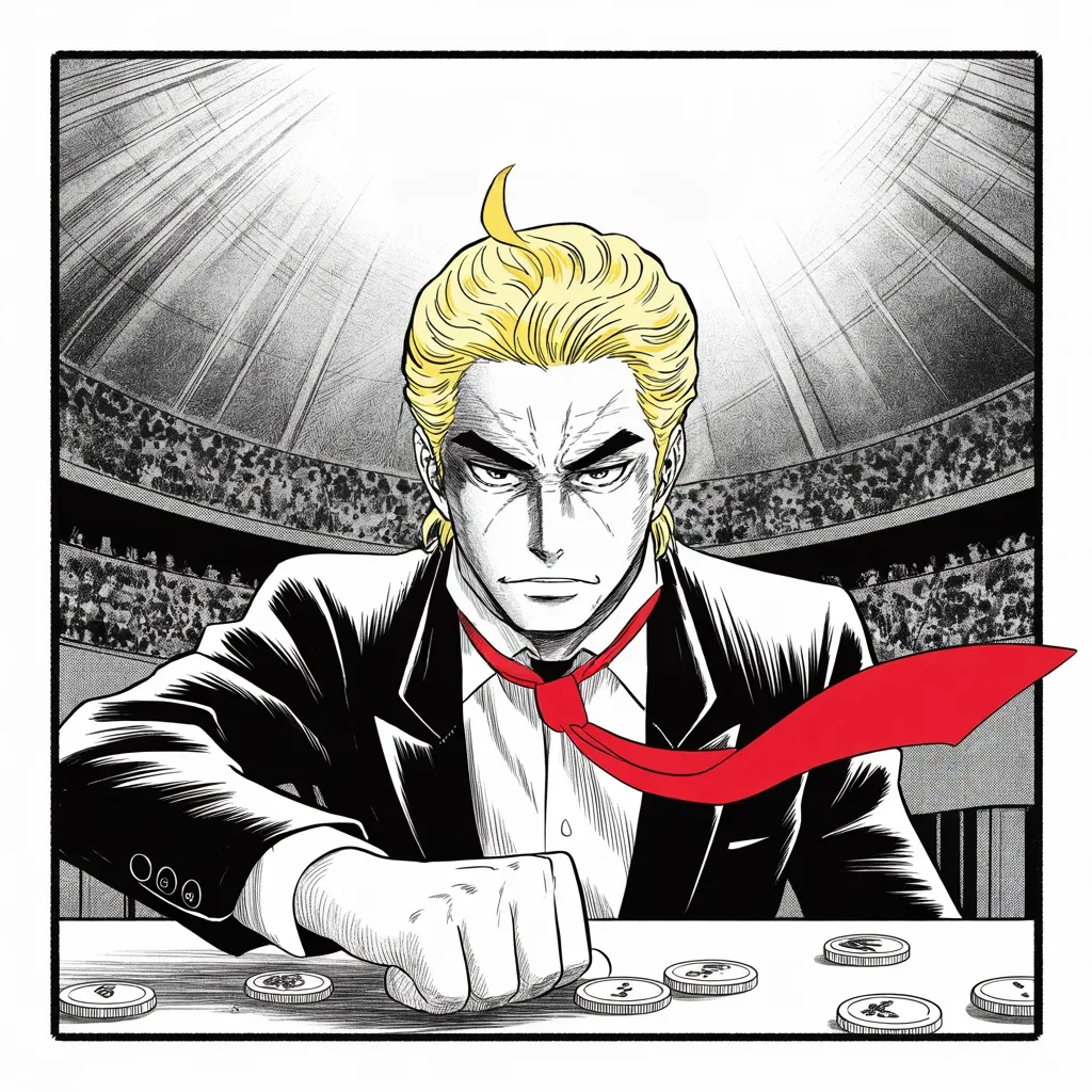 Manga panel 3 of 5, Week 20 “The Unfair Duel”: Square panel: low angle, imposing older man with a sweeping golden pompadour mane, heavy brow, small intense eyes, strong jowled jaw, long dark suit, very long red necktie flowing like a battle…