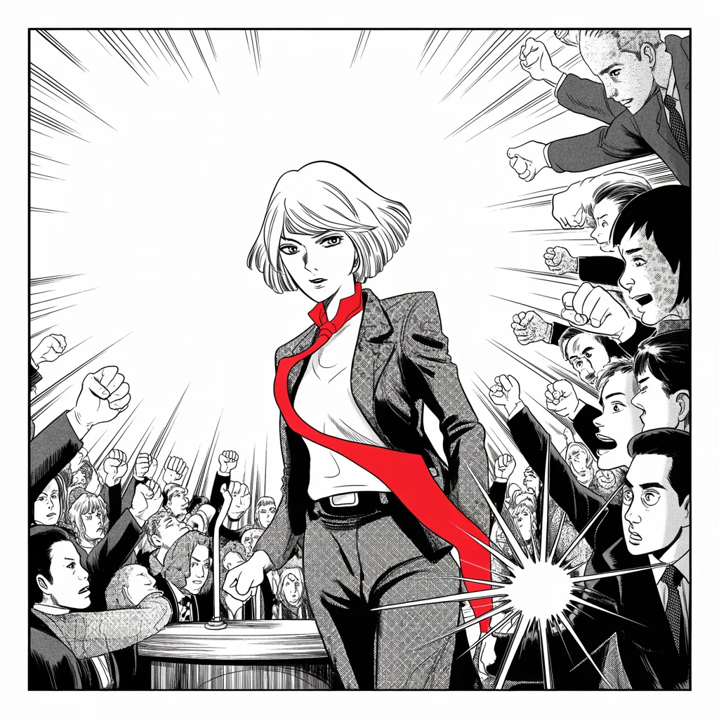 Manga panel 4 of 5, Week 20 “The Unfair Duel”: Square panel: composed older woman with short blonde hair, tailored pantsuit like armor plating, measured strategist's gaze faltering mid-speech at a podium, rendered small and pushed entirely into…