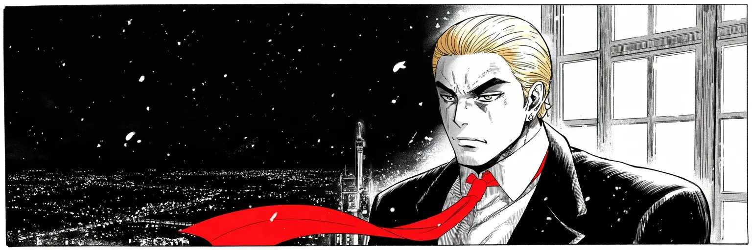 Manga panel 5 of 5, Week 20 “The Unfair Duel”: Ultra-wide cinemascope band: night, imposing older man with a sweeping golden pompadour mane, heavy brow, small intense eyes, strong jowled jaw, long dark suit, very long red necktie flowing like a…
