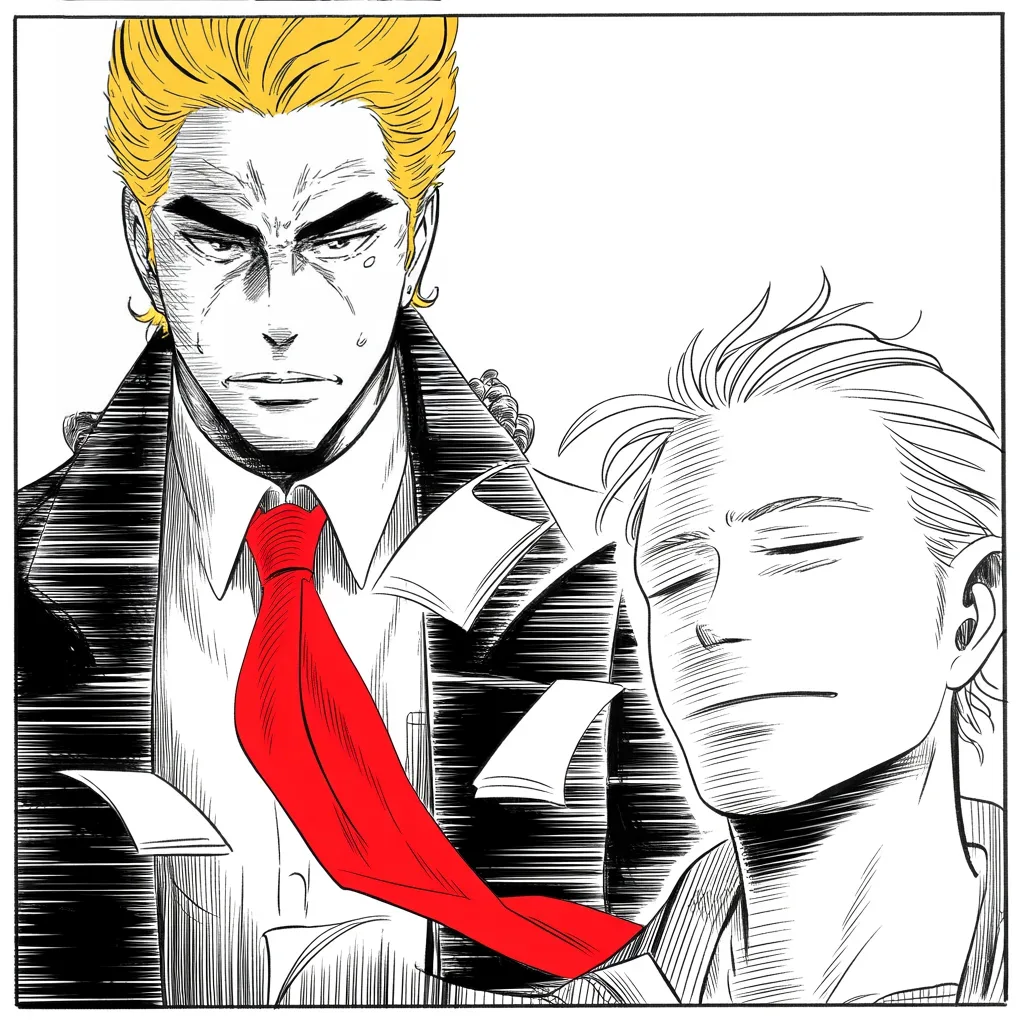 Manga panel 2 of 5, Week 21 “The Jester's Temple”: Square panel: imposing older man with a sweeping golden pompadour mane, heavy brow, small intense eyes, strong jowled jaw, long dark suit, very long red necktie flowing like a battle banner…
