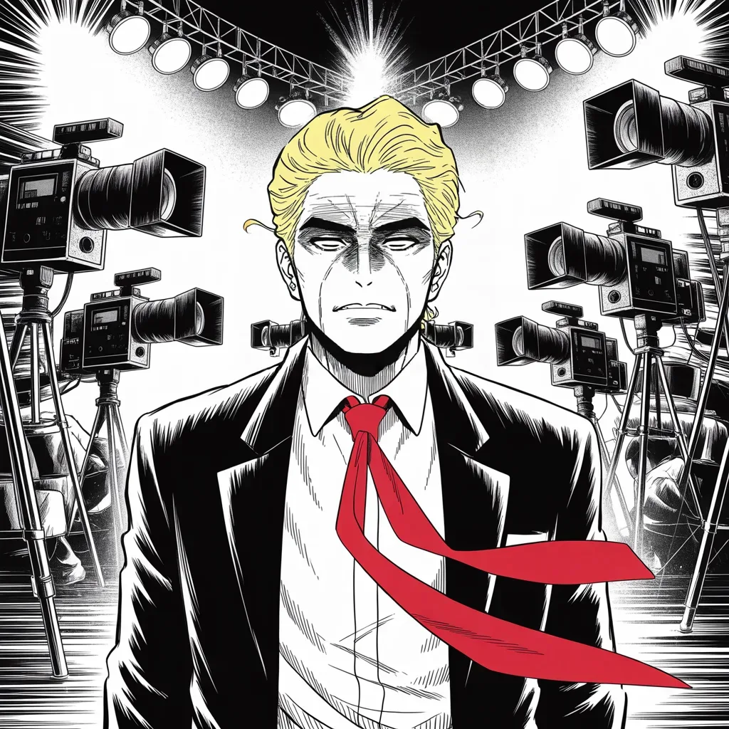 Manga panel 3 of 5, Week 21 “The Jester's Temple”: Square panel: held to the middle strip of the frame, backstage of a vast television temple where imposing older man with a sweeping golden pompadour mane, heavy brow, small intense eyes, strong…