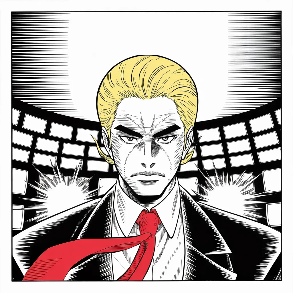 Manga panel 4 of 5, Week 21 “The Jester's Temple”: Square panel: low angle before a wall of glowing broadcast monitors spanning the middle strip of the frame, imposing older man with a sweeping golden pompadour mane, heavy brow, small intense eyes…