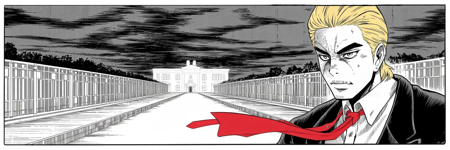 Manga panel 5 of 5, Week 21 “The Jester's Temple”: Ultra-wide cinemascope band: dusk, imposing older man with a sweeping golden pompadour mane, heavy brow, small intense eyes, strong jowled jaw, long dark suit, very long red necktie flowing like a…