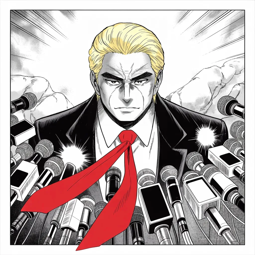 Manga panel 2 of 5, Week 22 “Black Borders”: Square panel: imposing older man with a sweeping golden pompadour mane, heavy brow, small intense eyes, strong jowled jaw, long dark suit, very long red necktie flowing like a battle banner facing a…