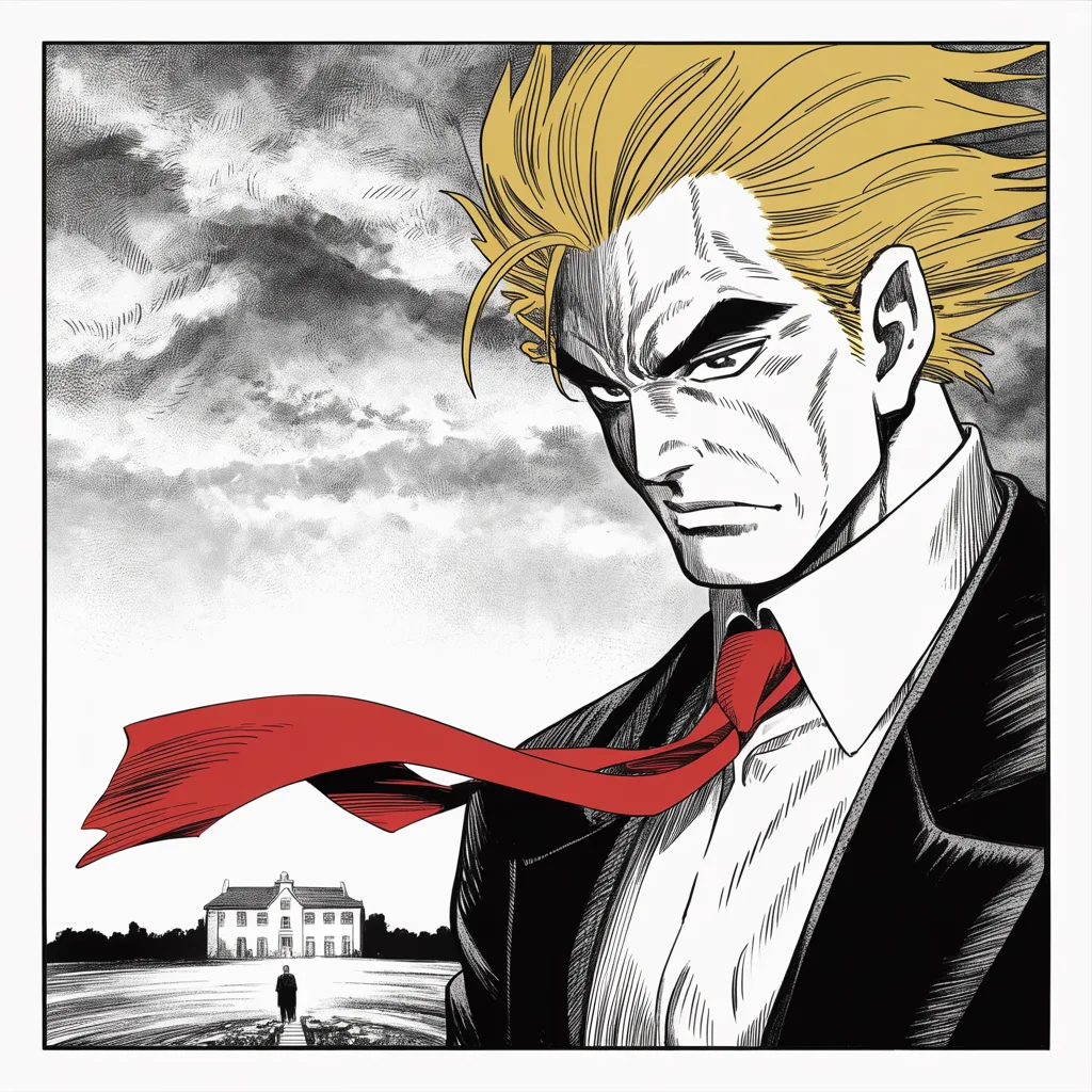 Manga panel 3 of 5, Week 22 “Black Borders”: Square panel: imposing older man with a sweeping golden pompadour mane, heavy brow, small intense eyes, strong jowled jaw, long dark suit, very long red necktie flowing like a battle banner in the…