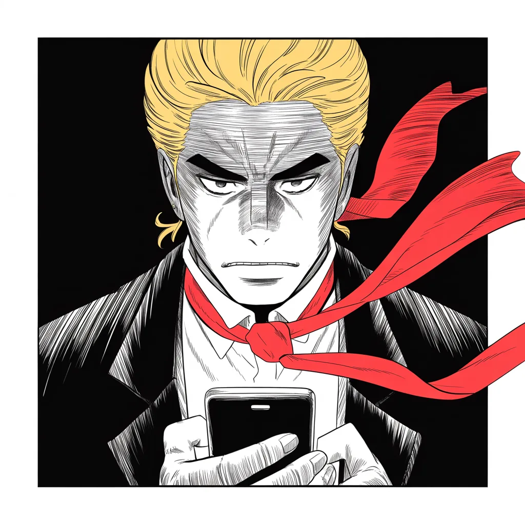 Manga panel 4 of 5, Week 22 “Black Borders”: Square panel: imposing older man with a sweeping golden pompadour mane, heavy brow, small intense eyes, strong jowled jaw, long dark suit, very long red necktie flowing like a battle banner alone in…