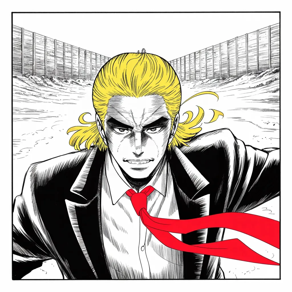 Manga panel 2 of 5, Week 23 “The Omens Arrive”: Square panel: low angle, imposing older man with a sweeping golden pompadour mane, heavy brow, small intense eyes, strong jowled jaw, long dark suit, very long red necktie flowing like a battle…