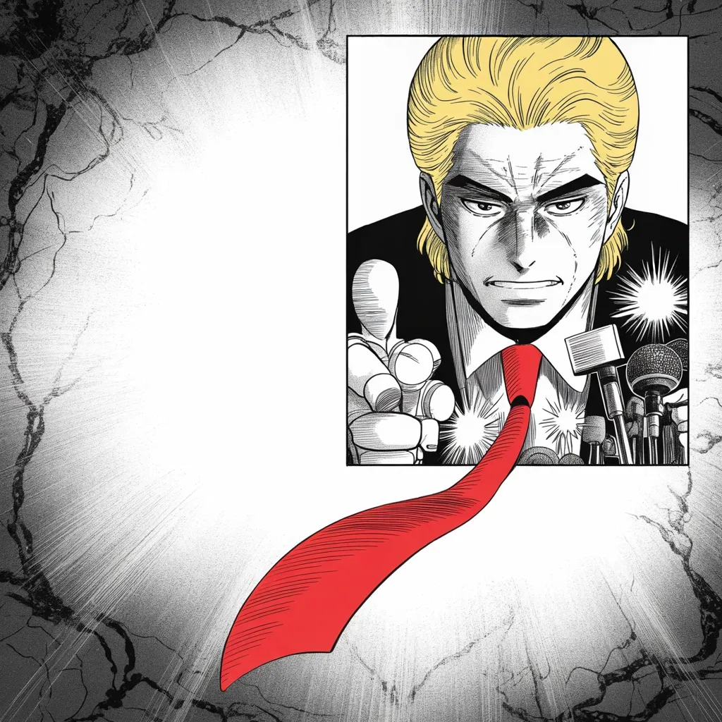 Manga panel 3 of 5, Week 23 “The Omens Arrive”: Square panel: tight close-up confined to the upper right quarter of the frame — imposing older man with a sweeping golden pompadour mane, heavy brow, small intense eyes, strong jowled jaw, long dark…