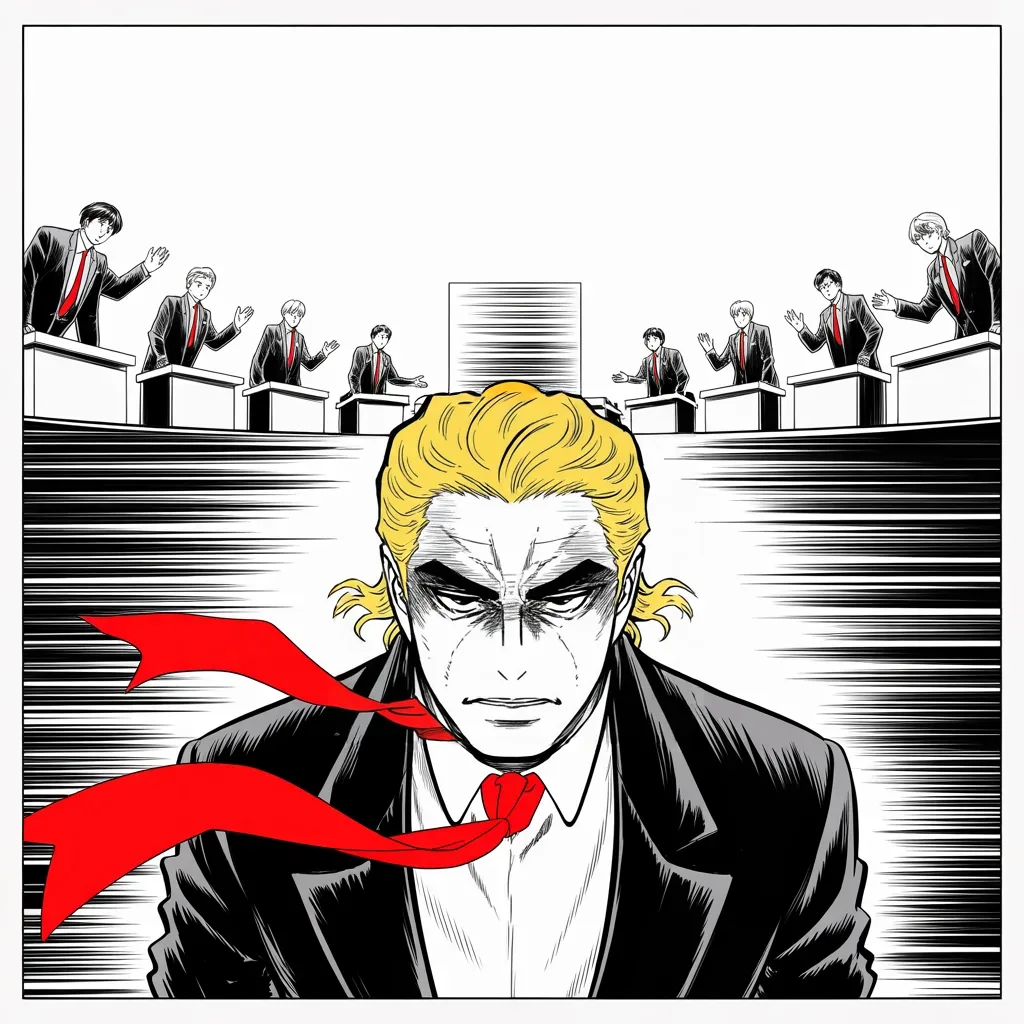 Manga panel 4 of 5, Week 23 “The Omens Arrive”: Square panel: imposing older man with a sweeping golden pompadour mane, heavy brow, small intense eyes, strong jowled jaw, long dark suit, very long red necktie flowing like a battle banner in the…