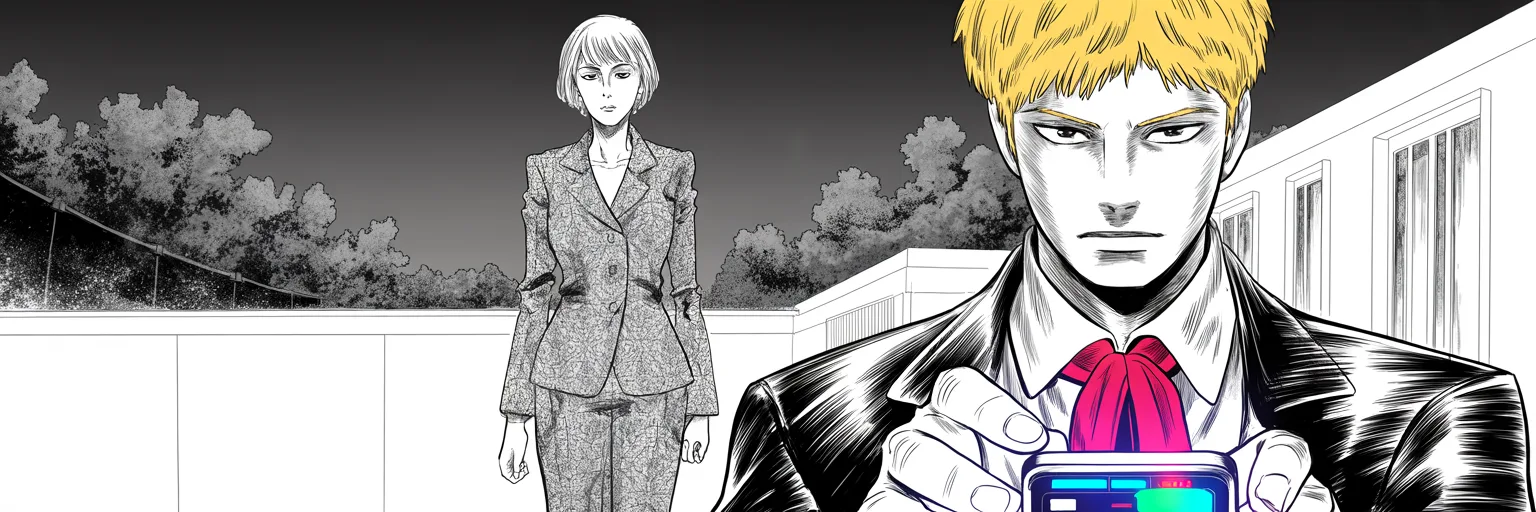 Manga panel 5 of 5, Week 23 “The Omens Arrive”: Ultra-wide cinemascope band: foreground thick thumbs over a glowing phone screen at the lower right of the frame in the dusk, and far beyond at center a composed older woman with short blonde hair…