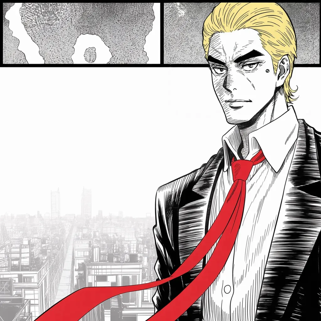 Manga panel 2 of 5, Week 24 “Twelve Thousand Faces”: imposing older man with a sweeping golden pompadour mane, heavy brow, small intense eyes, strong jowled jaw, long dark suit, very long red necktie flowing like a battle banner standing alone at a…