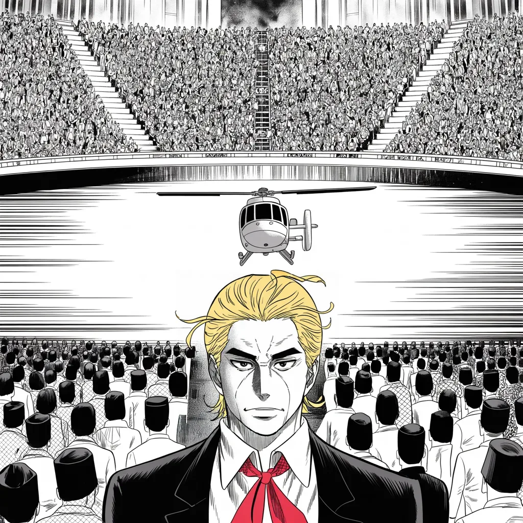 Manga panel 3 of 5, Week 24 “Twelve Thousand Faces”: A helicopter descends toward an arena ringed by a vast halftone sea of people overflowing every road and lot, dark caps massed in endless rows, all held to the middle strip of the frame