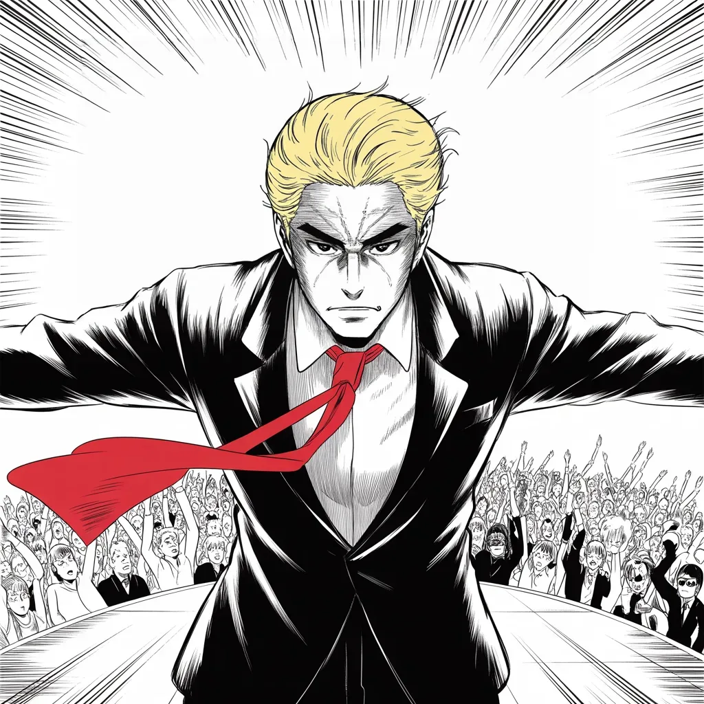 Manga panel 4 of 5, Week 24 “Twelve Thousand Faces”: imposing older man with a sweeping golden pompadour mane, heavy brow, small intense eyes, strong jowled jaw, long dark suit, very long red necktie flowing like a battle banner shot from below on a…