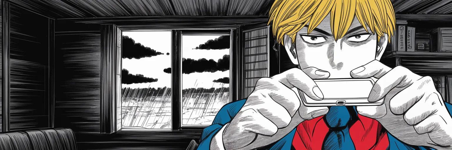 Manga panel 5 of 5, Week 24 “Twelve Thousand Faces”: Extreme close-up of thumbs poised over a glowing phone screen in the right half of the frame in a dim cabin; beyond the window at center a far western horizon gathers black storm clouds, thin…