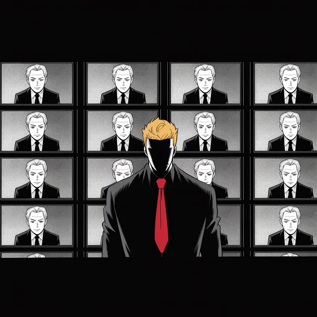 Manga panel 2 of 5, Week 25 “The Decree of December Seventh”: Dark tower office held to the middle strip of the frame, lit by a wall of television screens; on every screen a slim dignified man, graying close-cropped hair, calm bearing, speaks from behind a…