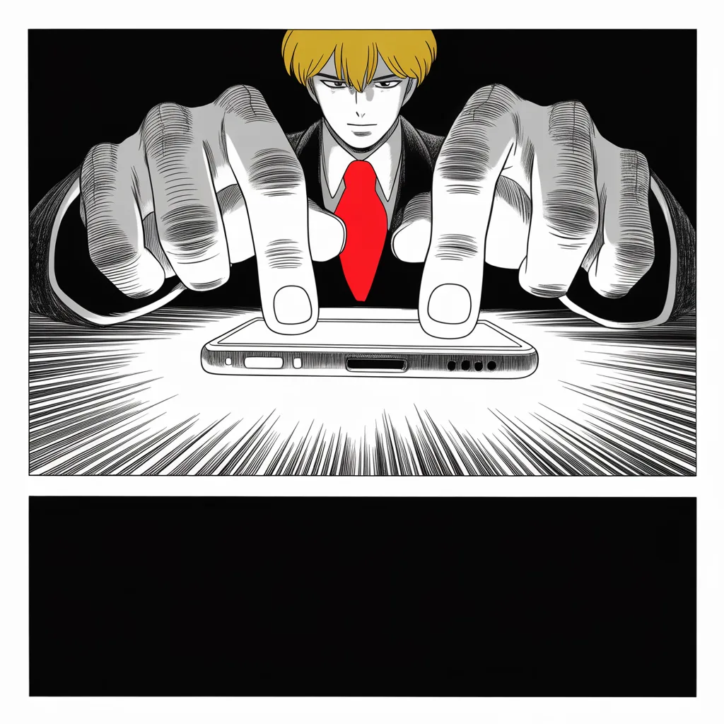 Manga panel 3 of 5, Week 25 “The Decree of December Seventh”: Extreme close-up of thumbs hovering over a glowing phone screen in the upper half of the frame in total darkness, harsh light carving deep chiaroscuro across the knuckles, screentone glare, speed…