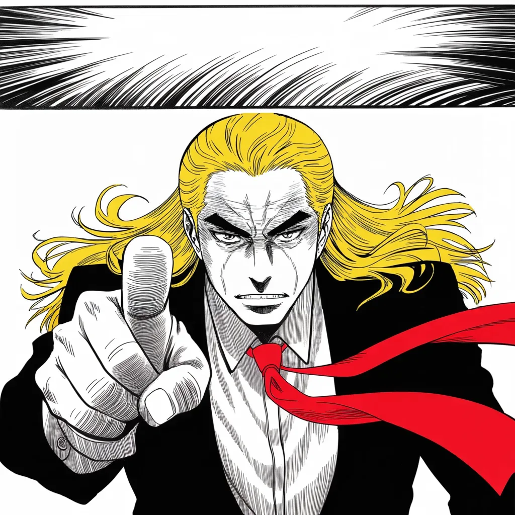 Manga panel 4 of 5, Week 25 “The Decree of December Seventh”: Low angle shot of an imposing older man with a sweeping golden pompadour mane, heavy brow, small intense eyes, strong jowled jaw, long dark suit, very long red necktie flowing like a battle banner…
