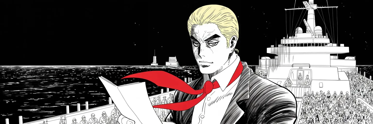 Manga panel 5 of 5, Week 25 “The Decree of December Seventh”: Imposing older man with a sweeping golden pompadour mane, heavy brow, small intense eyes, strong jowled jaw, long dark suit, very long red necktie flowing like a battle banner, reading a paper at a…