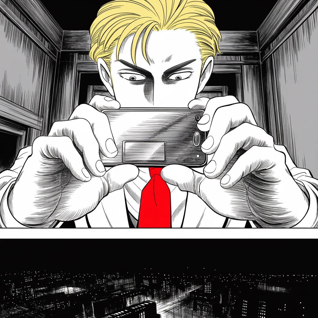 Manga panel 2 of 5, Week 26 “The World's Answer”: Extreme close-up of thumbs poised over a glowing phone screen in the upper half of the frame in a dark tower bedroom, the screen's pale light carving deep shadows across a heavy brow and small…