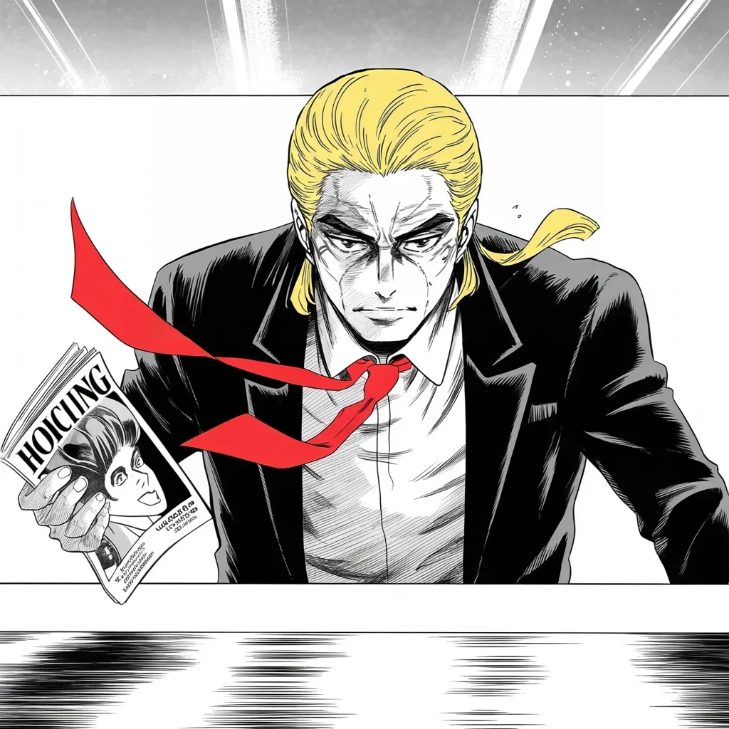 Manga panel 3 of 5, Week 26 “The World's Answer”: imposing older man with a sweeping golden pompadour mane, heavy brow, small intense eyes, strong jowled jaw, long dark suit, very long red necktie flowing like a battle banner held to the middle…