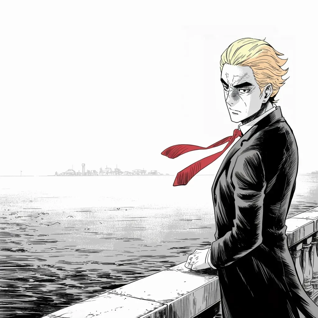 Manga panel 4 of 5, Week 26 “The World's Answer”: Black and white manga panel, ultra-wide cinemascope: an imposing older man with a sweeping golden pompadour mane seen entirely from behind at the far right quarter of the frame, long dark coat, very…