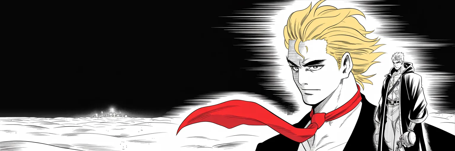 Manga panel 5 of 5, Week 26 “The World's Answer”: imposing older man with a sweeping golden pompadour mane, heavy brow, small intense eyes, strong jowled jaw, long dark suit, very long red necktie flowing like a battle banner shot from below, mane…