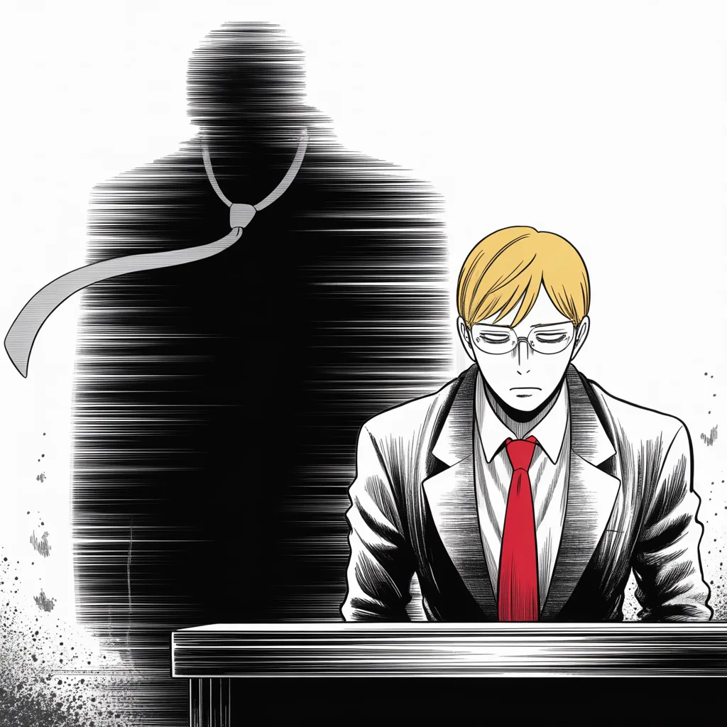 Manga panel 2 of 5, Week 27 “The Video That Never Was”: tall tired middle-aged man with rimless glasses, slightly stooped shoulders, neat suit, gentle defeated eyes slumped at a dimming podium, rendered small and pressed against the right edge in the…