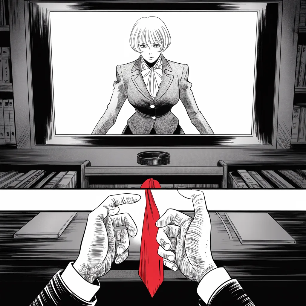 Manga panel 3 of 5, Week 27 “The Video That Never Was”: Extreme close-up of thumbs over a glowing phone screen in the middle strip of the frame in a dark tower room, a huge television behind showing a composed older woman with short blonde hair, tailored…