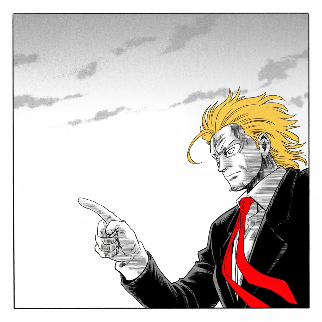 Manga panel 4 of 5, Week 27 “The Video That Never Was”: imposing older man with a sweeping golden pompadour mane, heavy brow, small intense eyes, strong jowled jaw, long dark suit, very long red necktie flowing like a battle banner shot from below at…